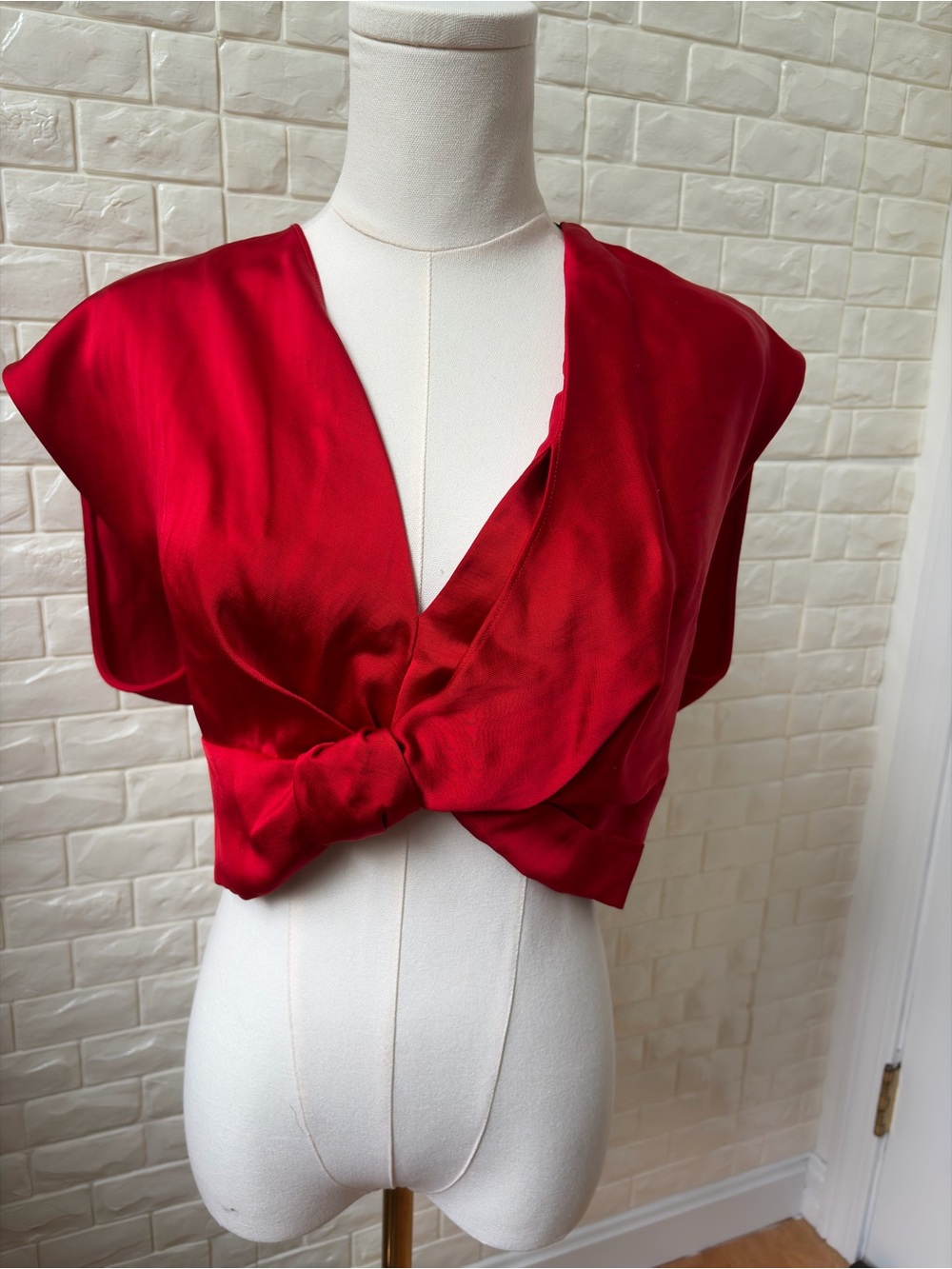 Zara Red Satin Knot-Front Crop Top